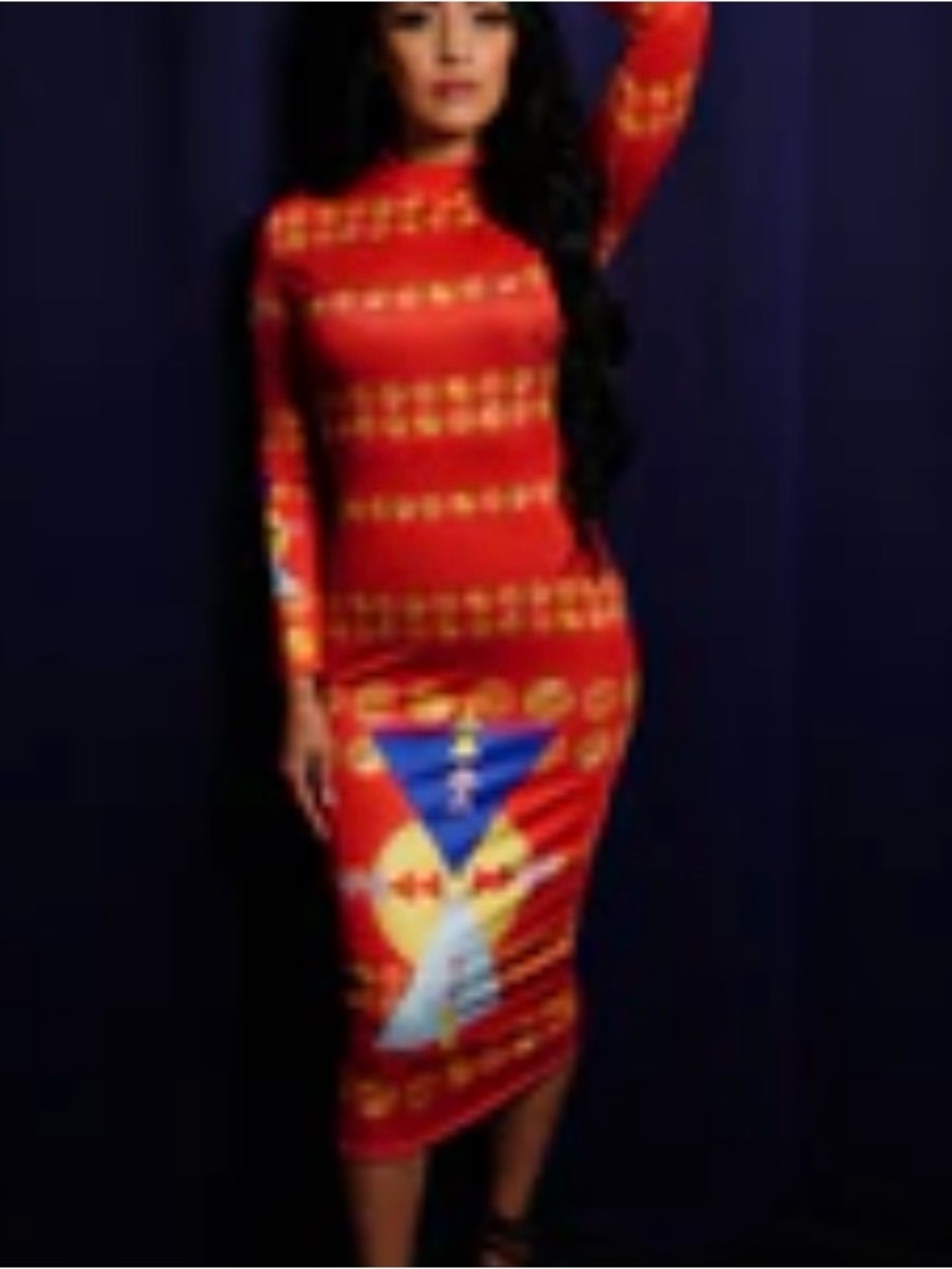 Copper Glow Red Indigenous Print Bodycon Dress Size L/Long Sleeve/New